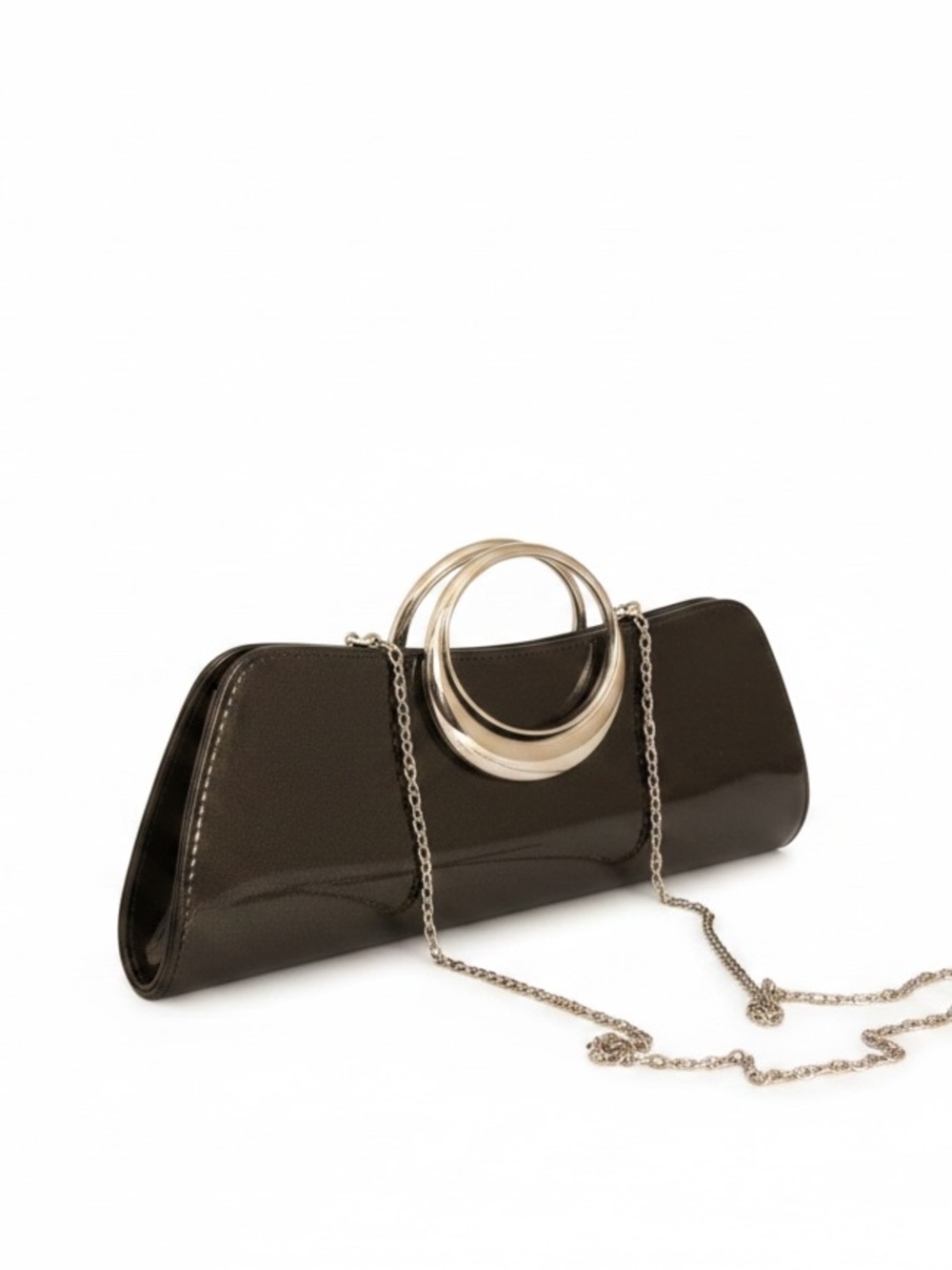 New Chinese Laundry Clutch Glossy Patent Dark Navy Blue Black Silver Chain Hoops